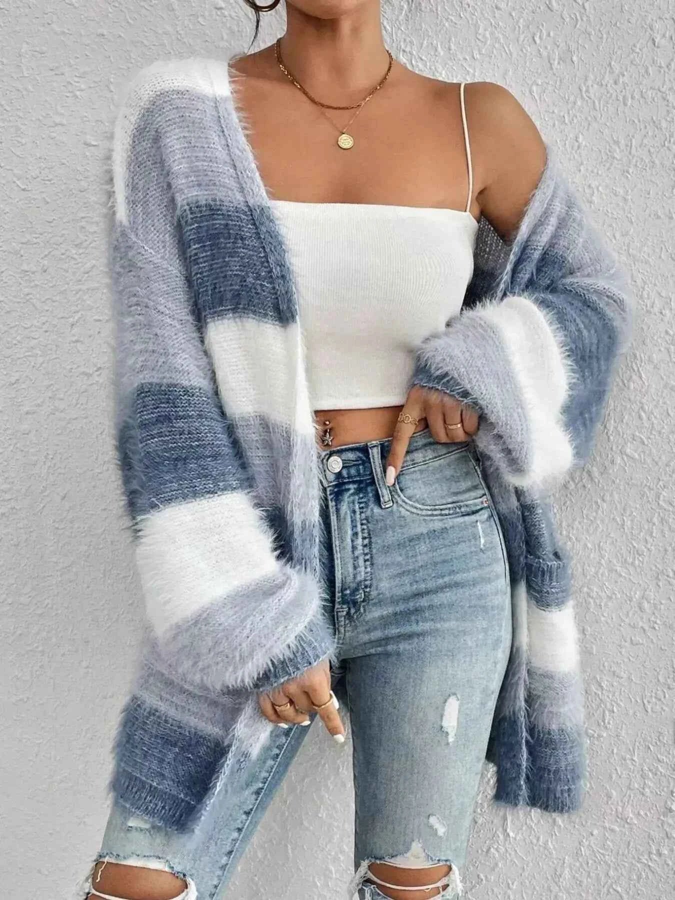 Striped Fuzzy Knit Open Front Cardigan