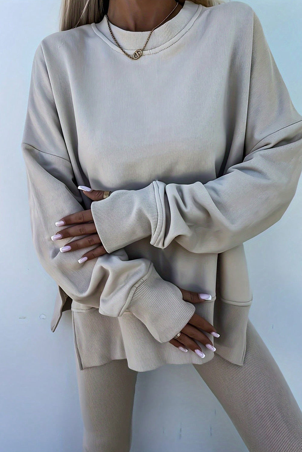Jet Stream Solid Color Oversize Slit Sweatshirt Ribbed Leggings Set