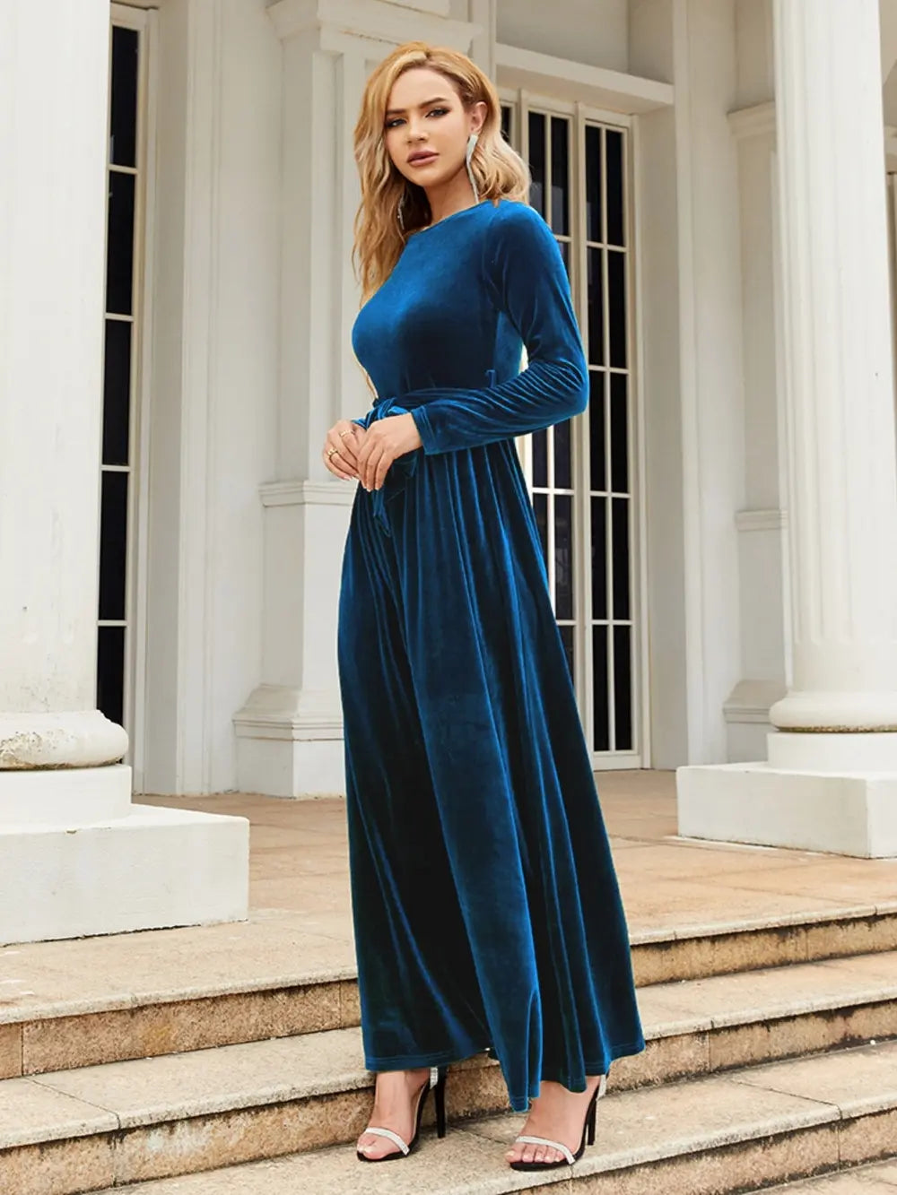 Tie Front Round Neck Long Sleeve Maxi Dress by Shopiebay