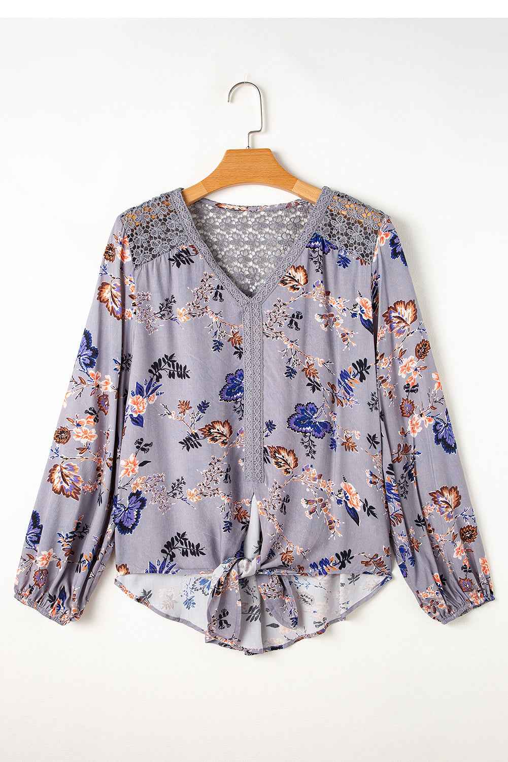Sky Blue Floral Print Lace Patchwork Knot Front V Neck Blouse