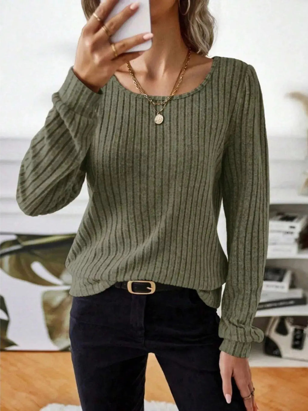 Ribbed Knit Long Sleeve T Shirt