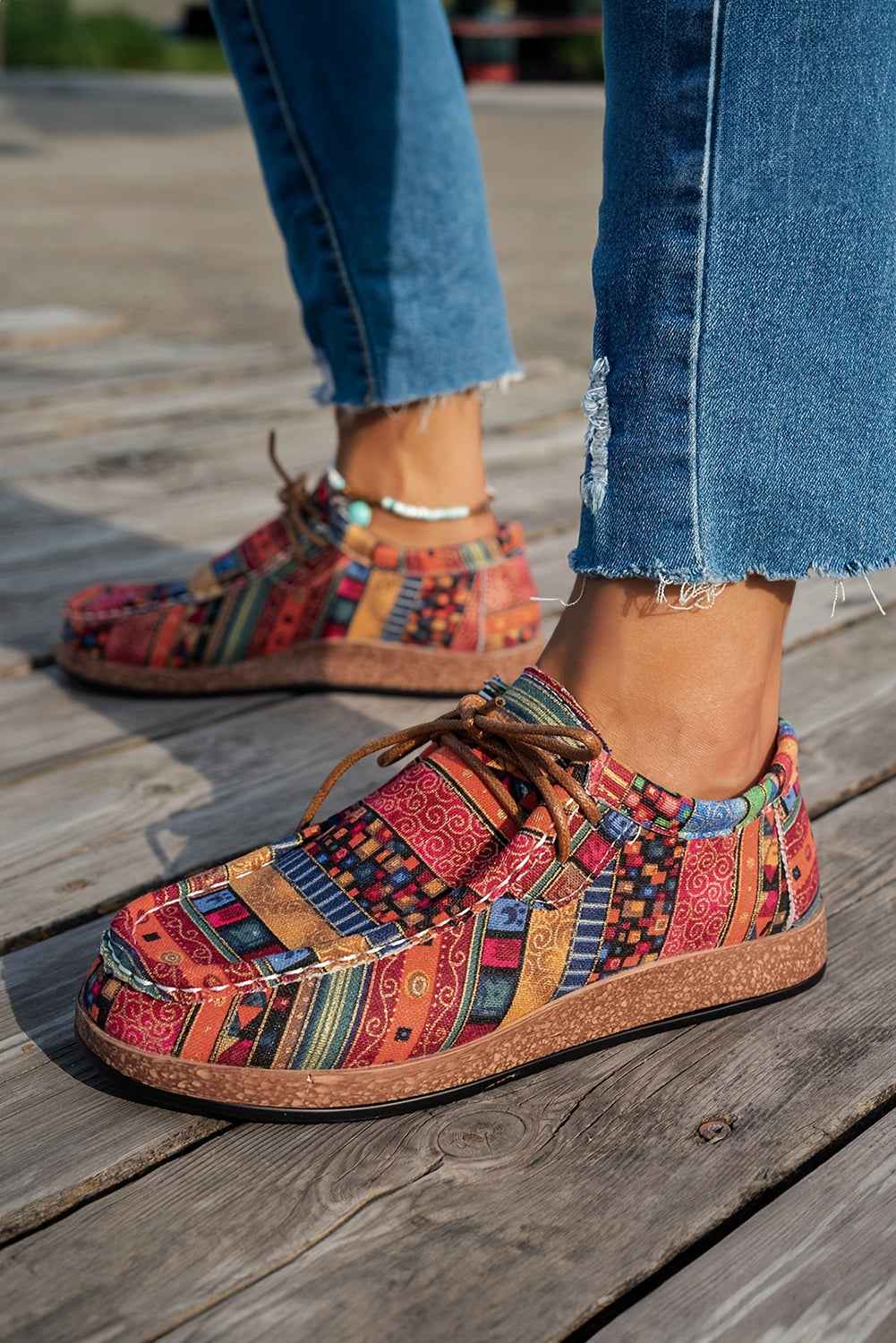 Racing Red Lightweight Boho Patchwork Lace Up Shoes