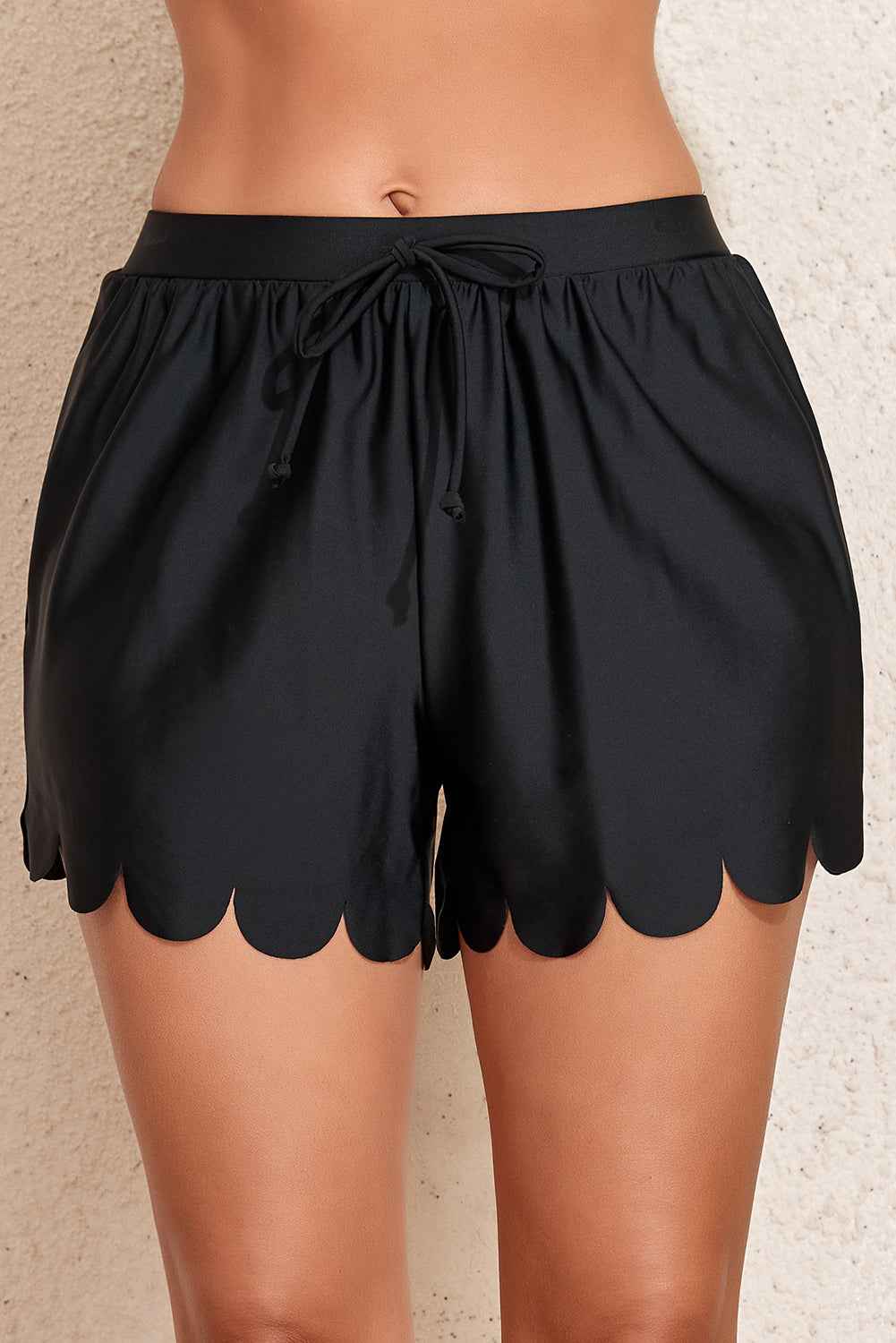 Black Scalloped Trim Beach Shorts