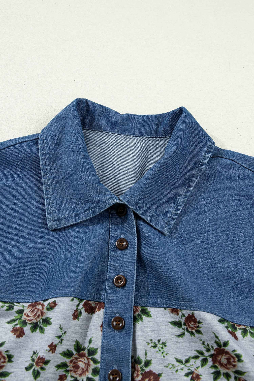 Gray Retro Floral Print Denim Patchwork Buttoned Polo Collar Top