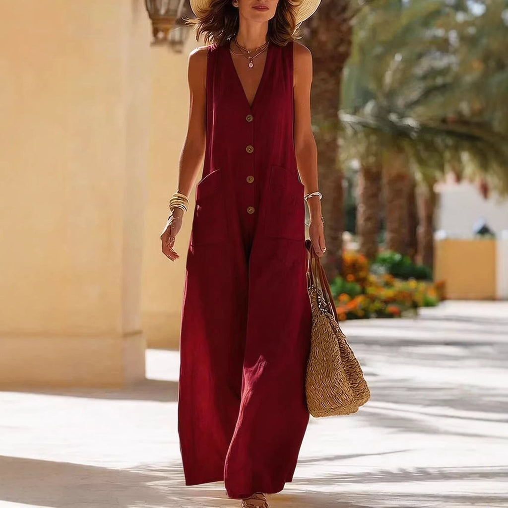Women's Sleeveless Cotton-Linen Wide-Leg Jumpsuit – Button Pockets