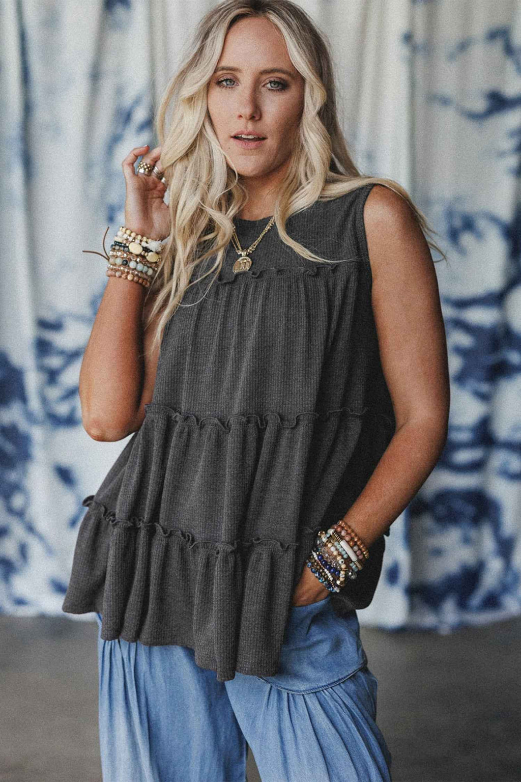 Dark Grey Tiered Frill Trim A-line Tank Top