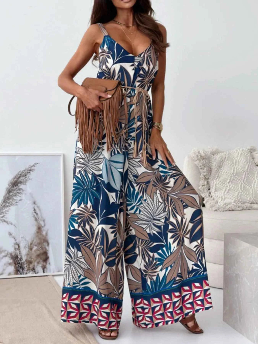 Paisley Print Spaghetti Strap Wide Leg Jumpsuit