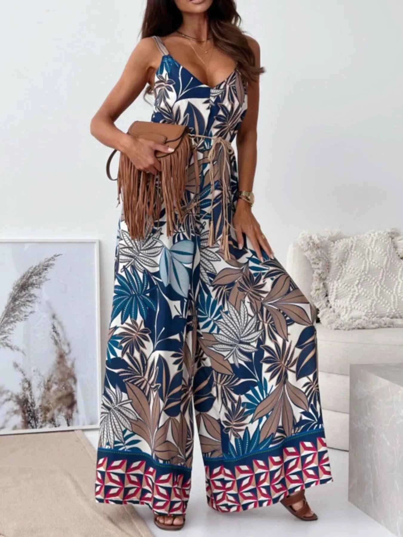 Paisley Print Spaghetti Strap Wide Leg Jumpsuit