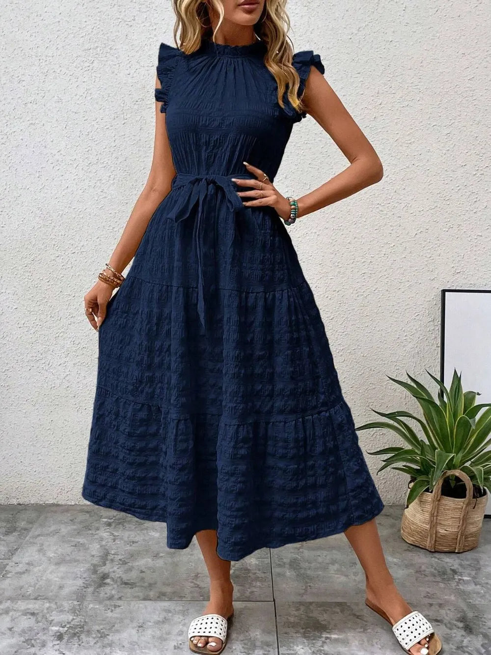 Tied Ruffled Cap Sleeve Midi Dress by Shopiebay