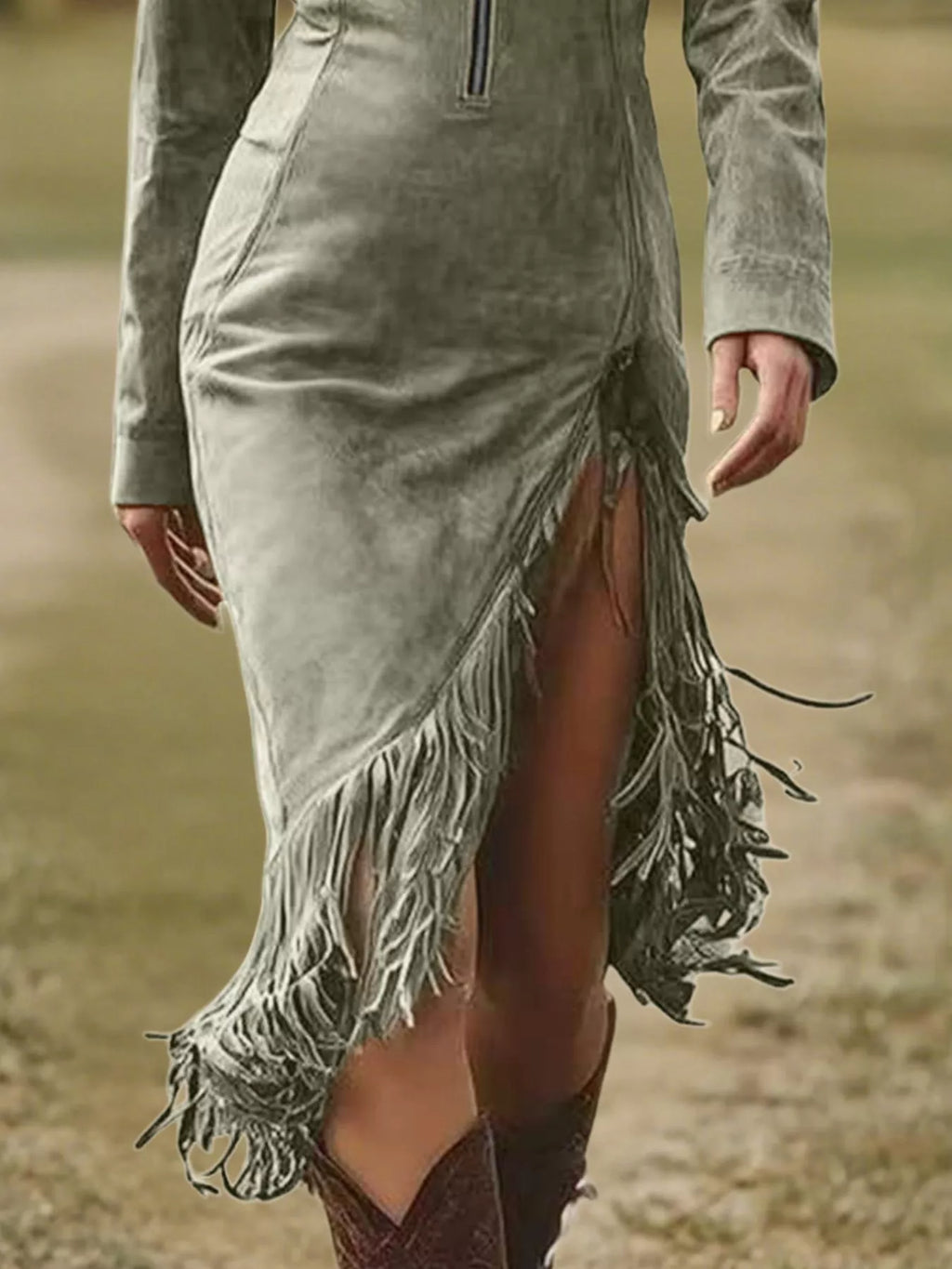 Fringe Hem Zip Front Bodycon Dress by Shopiebay