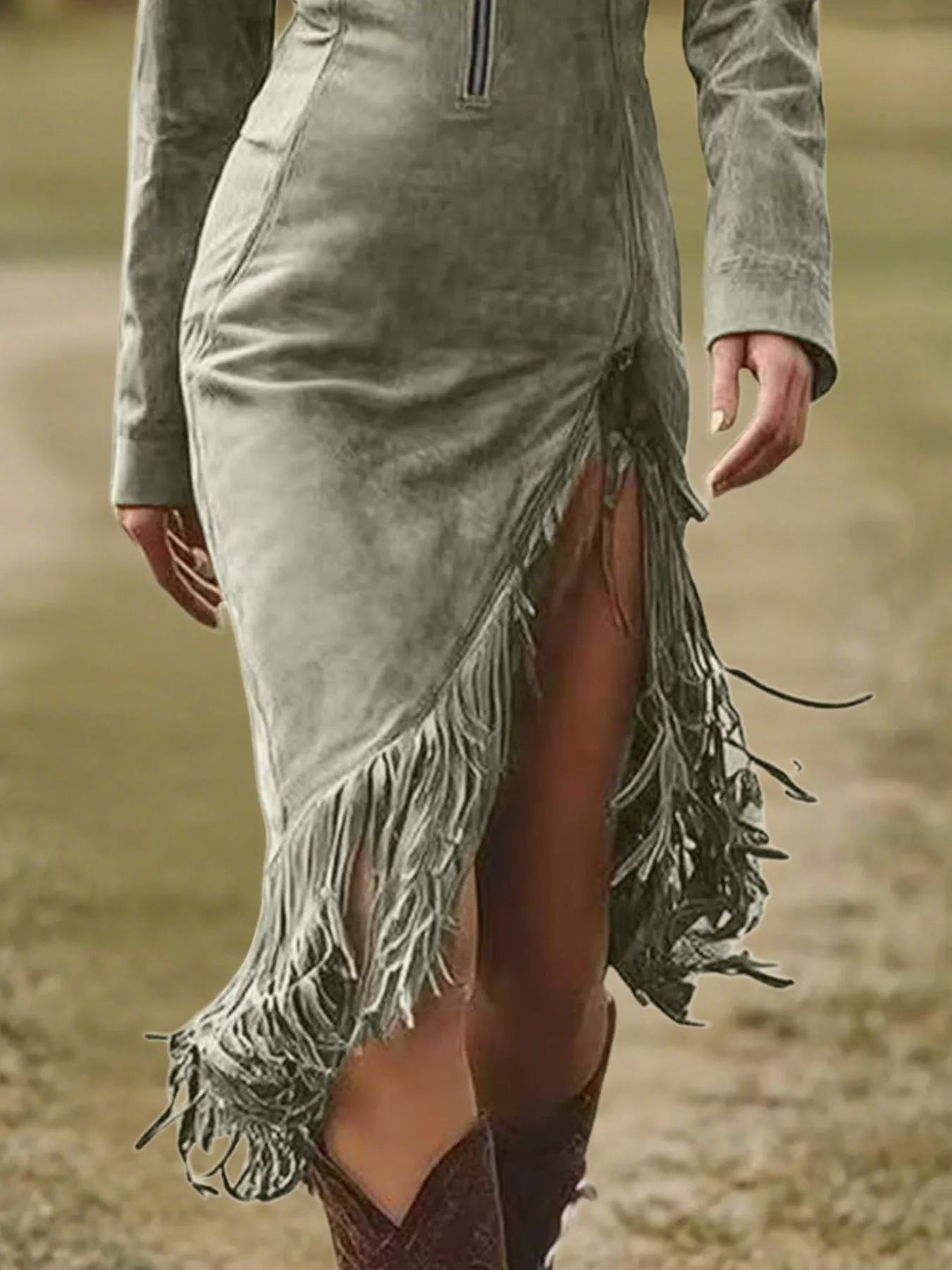 Fringe Hem Zip Front Bodycon Dress by Shopiebay