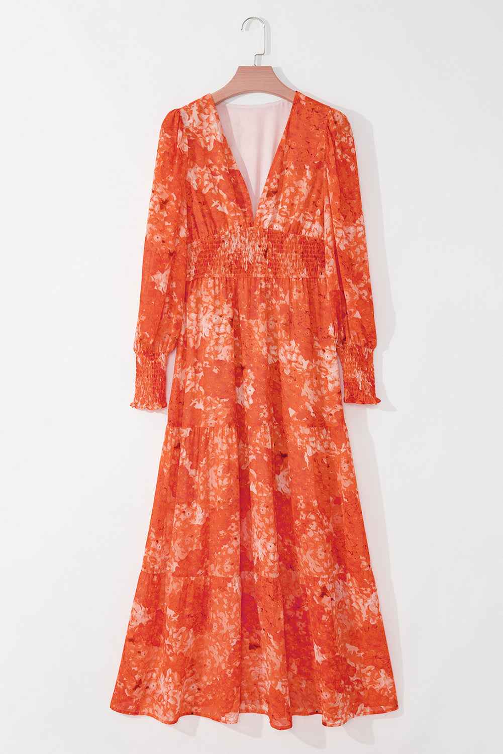 Orange Boho Floral Bishop Sleeve V Neck Tiered Maxi Dress