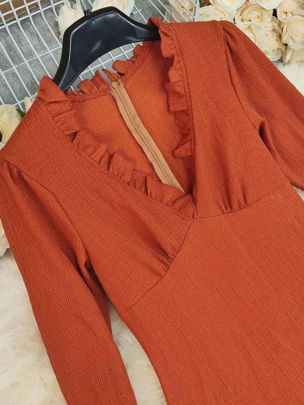 Ruffled High-Low Long Sleeve Dress