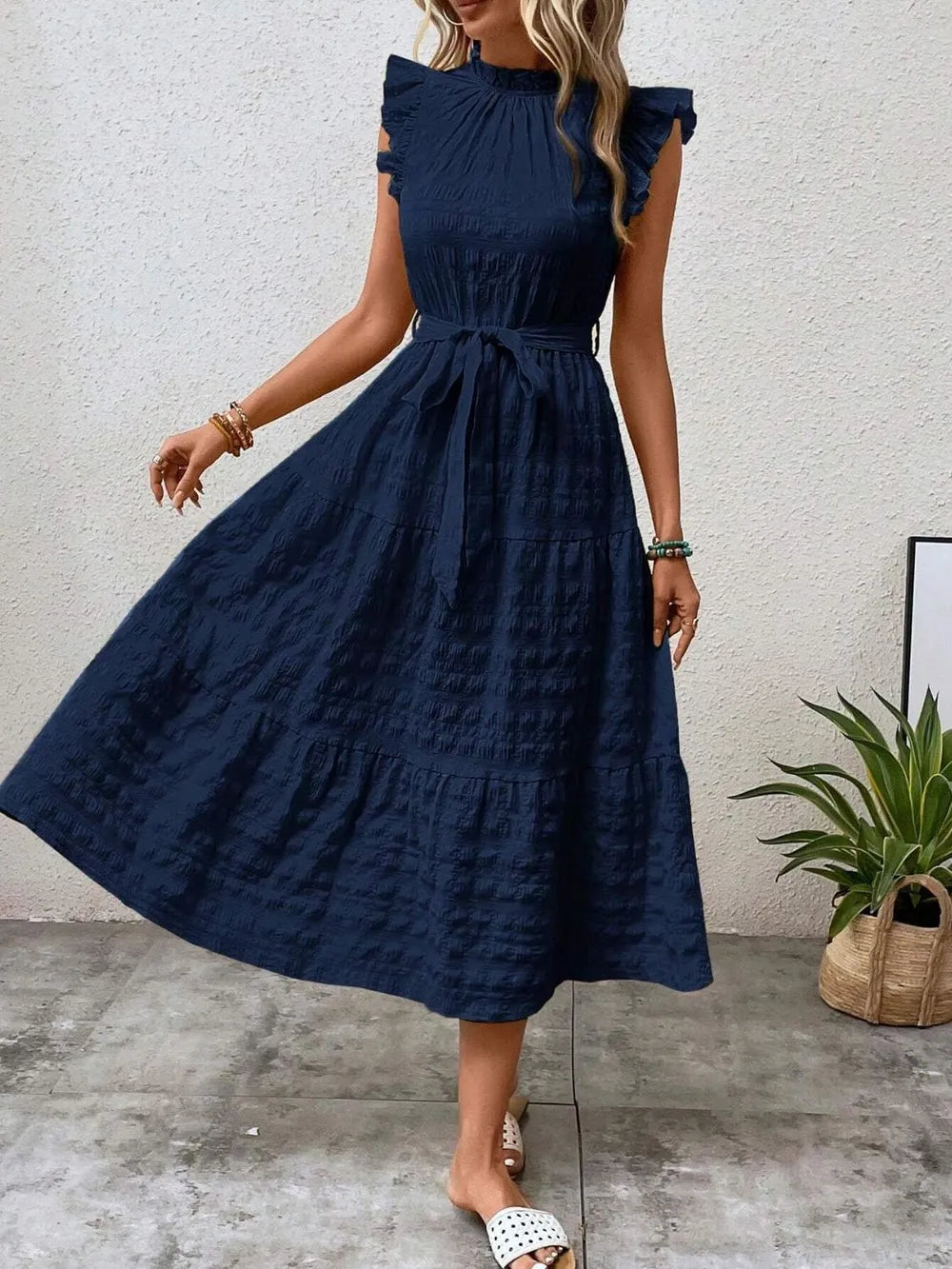 Tied Ruffled Cap Sleeve Midi Dress by Shopiebay