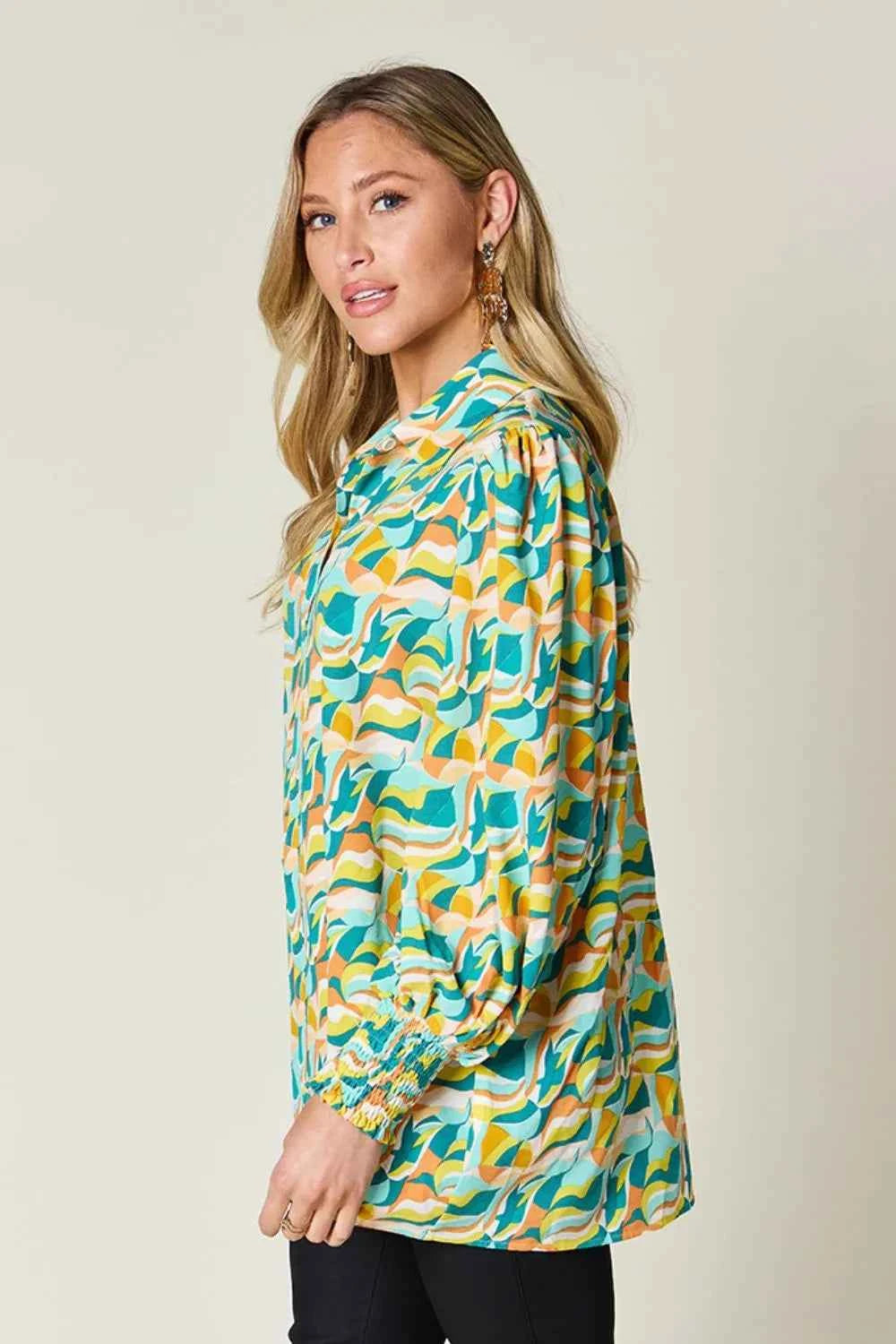 Double Take Full Size Printed Smocked Long Sleeve Blouse