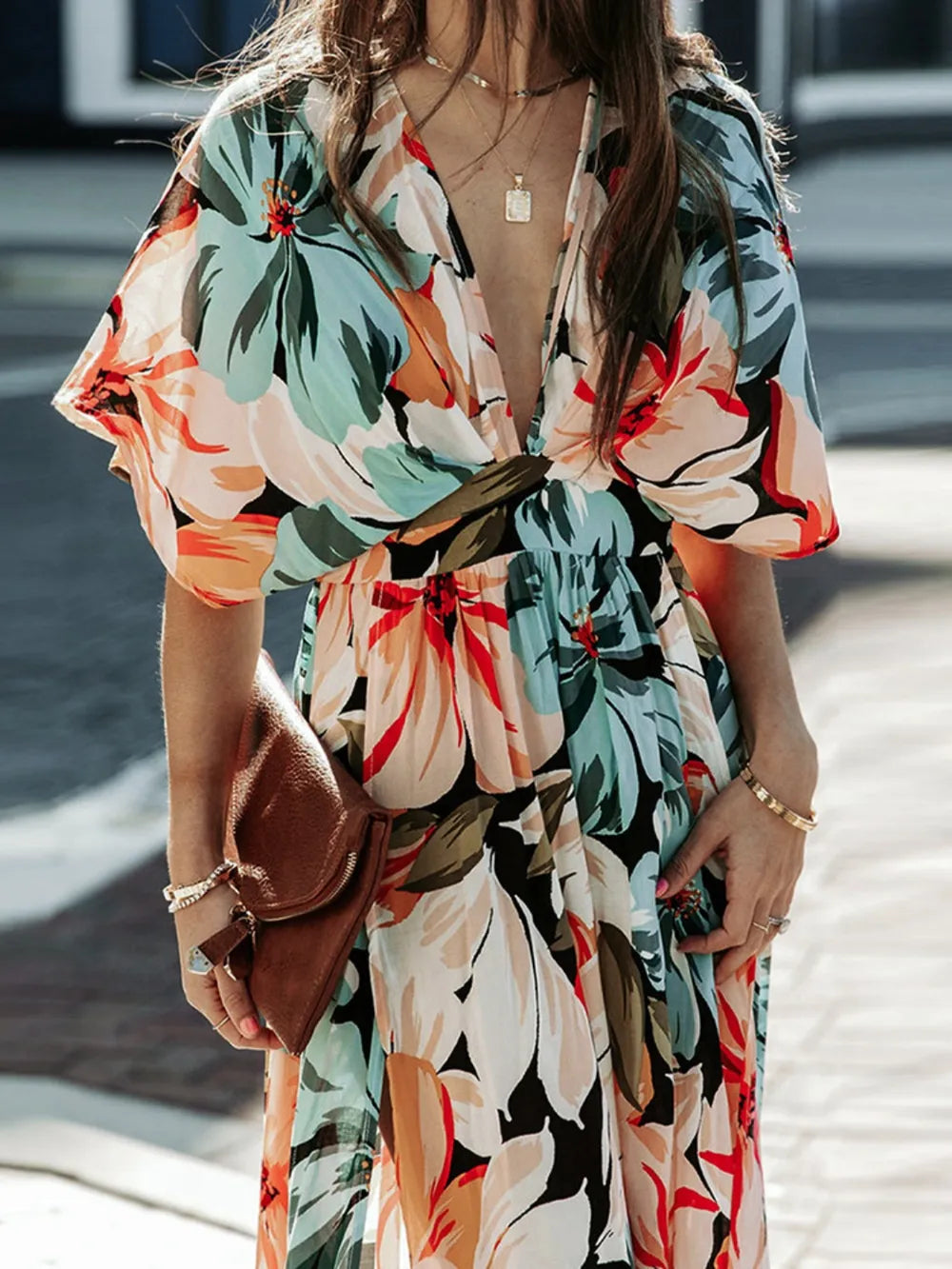 Floral Plunge Half Sleeve Dress by Shopiebay