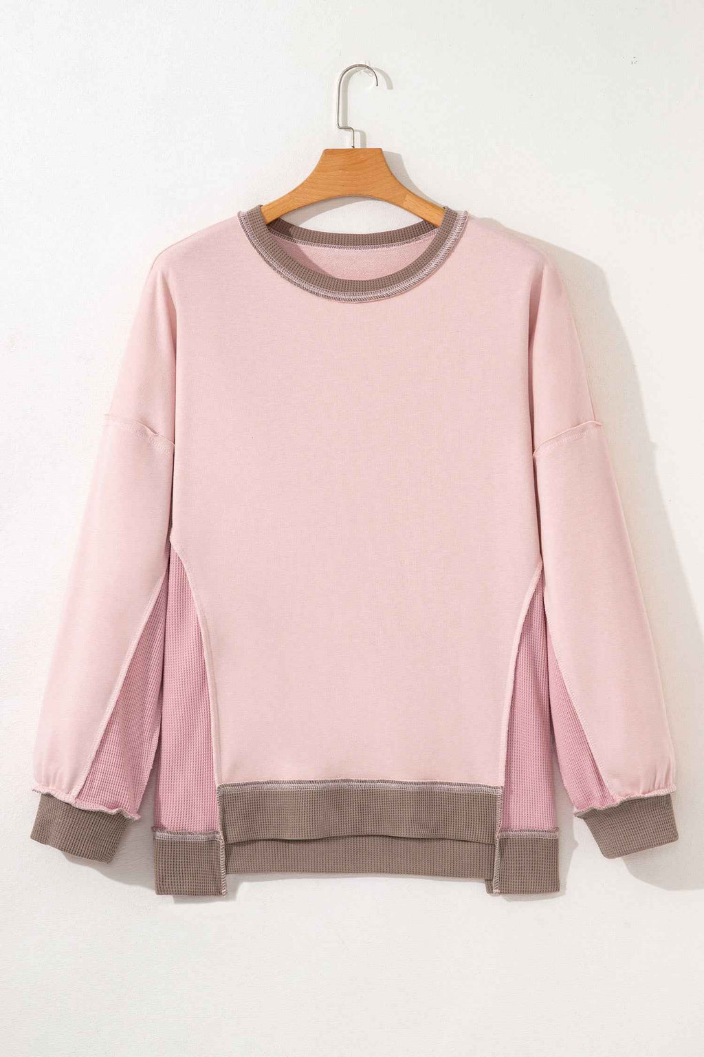 Light Pink Plus Color Block Waffle Patchwork Exposed Seam Baggy Sweatshirt