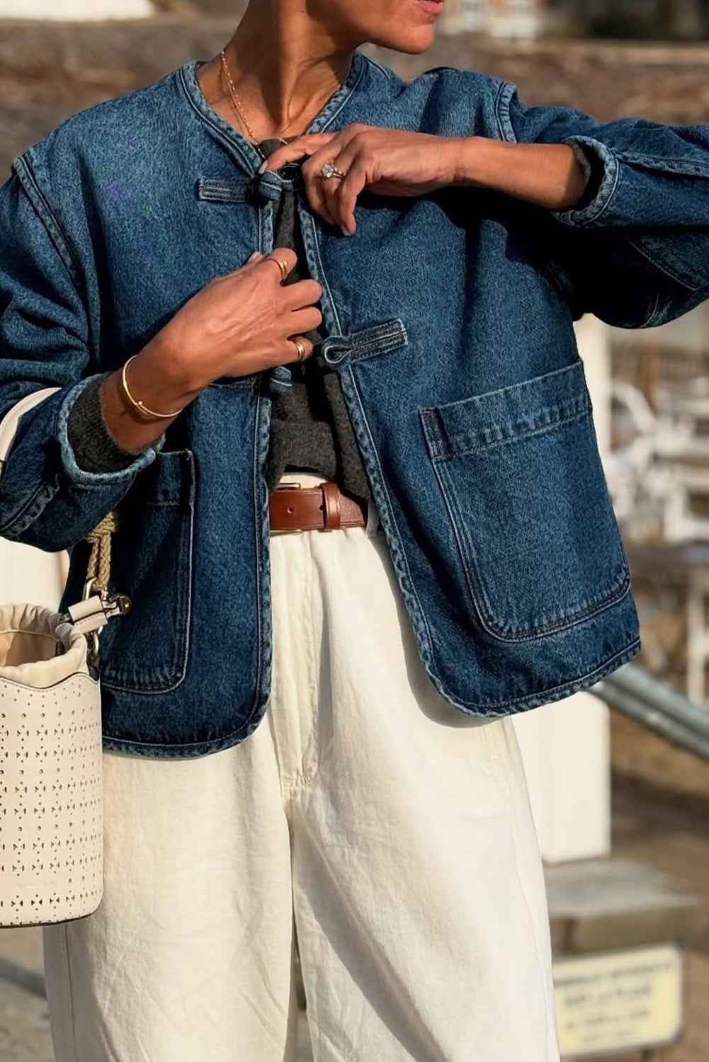 Sail Blue Vintage Fastening Big Patched Pockets Straight Cut Deep Wash Denim Jacket