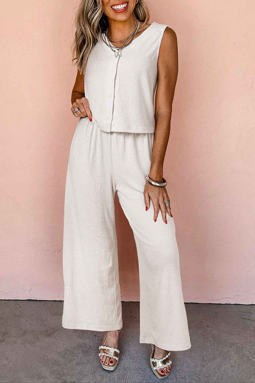 Apricot Buttoned V Neck Tank Top and Wide Leg Pants Casual Outfit by Wild and Free Boutique