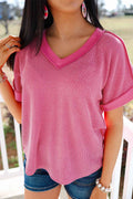 Rose Red Twisted Ribbed Knit Patchwork V Neck Casual Tee