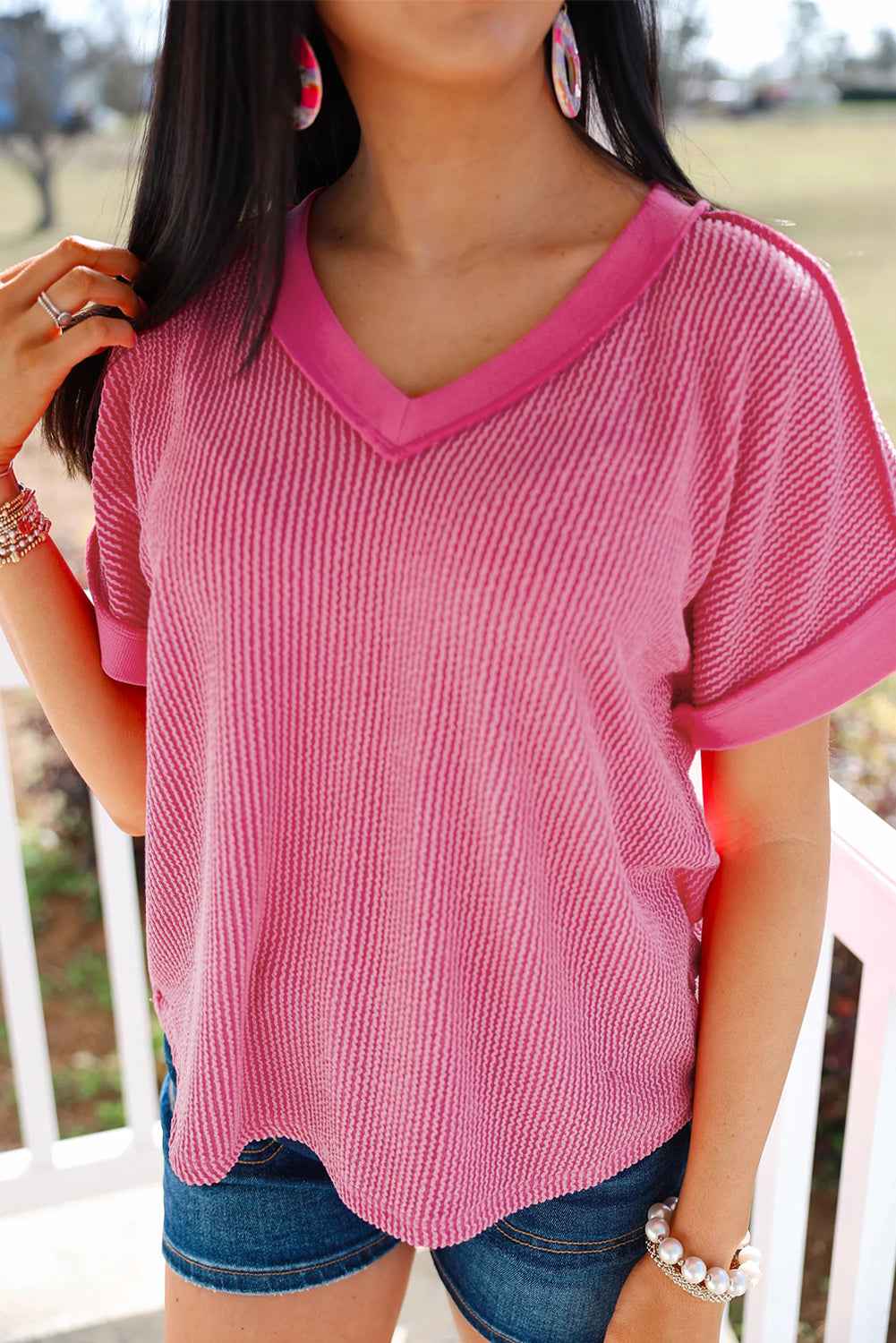 Rose Red Twisted Ribbed Knit Patchwork V Neck Casual Tee