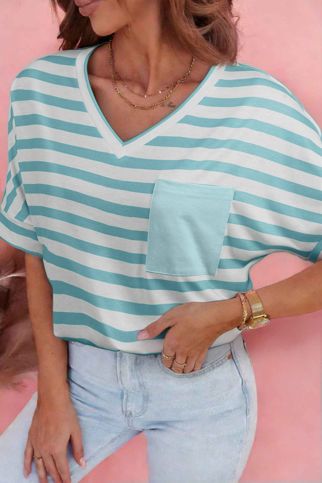 Sky Blue Stripe V Neck Patched Pocket Casual T Shirt
