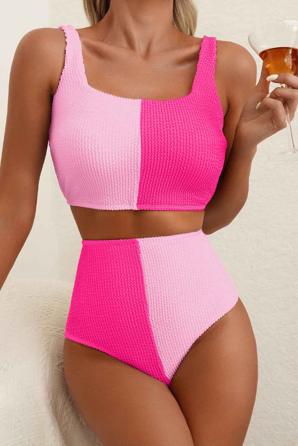 Pink Corded Colorblock Square Neck Bikini Swimsuit
