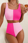 Pink Corded Colorblock Square Neck Bikini Swimsuit
