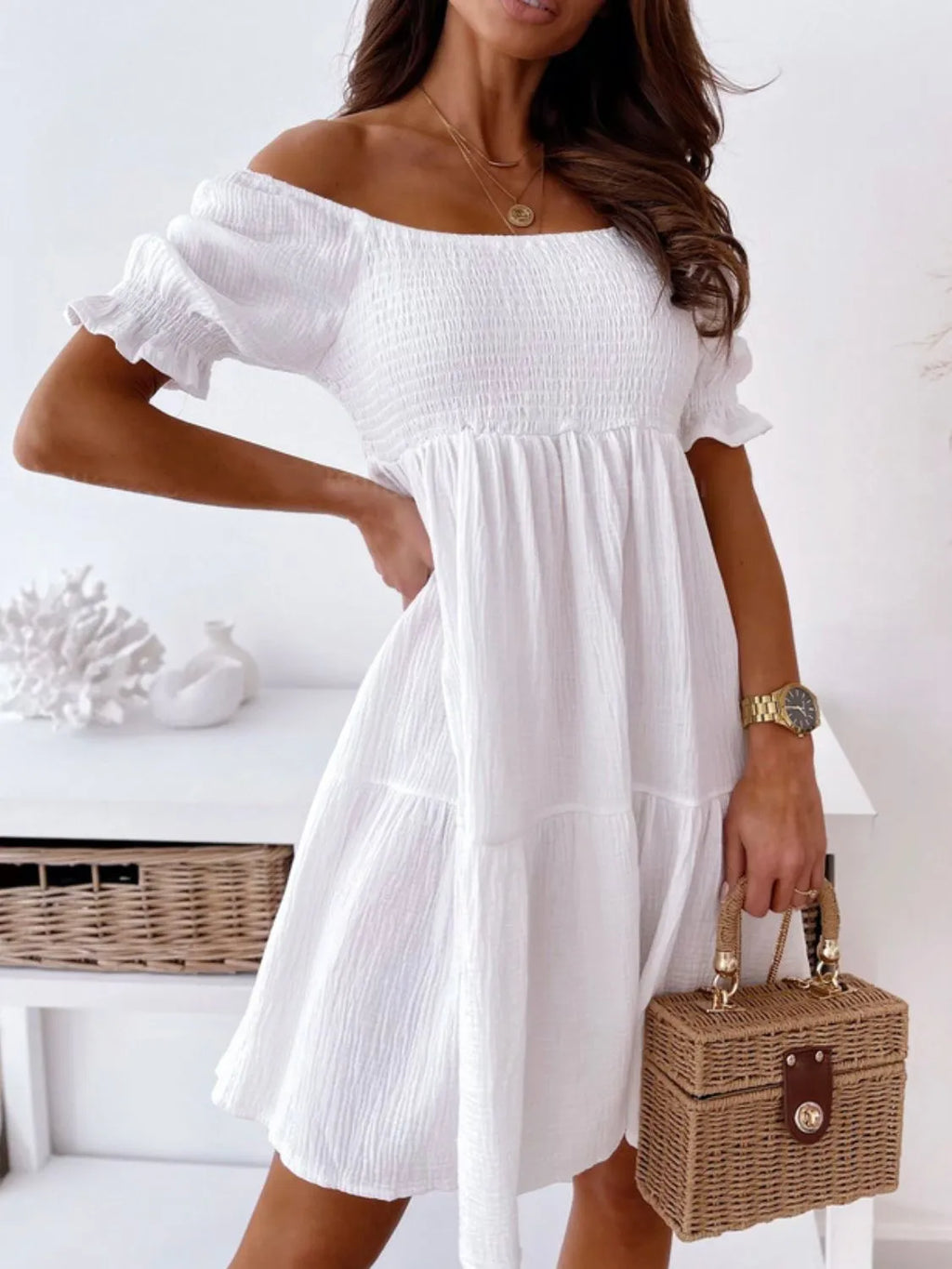 Smocked Off-Shoulder Mini Dress by Shopiebay