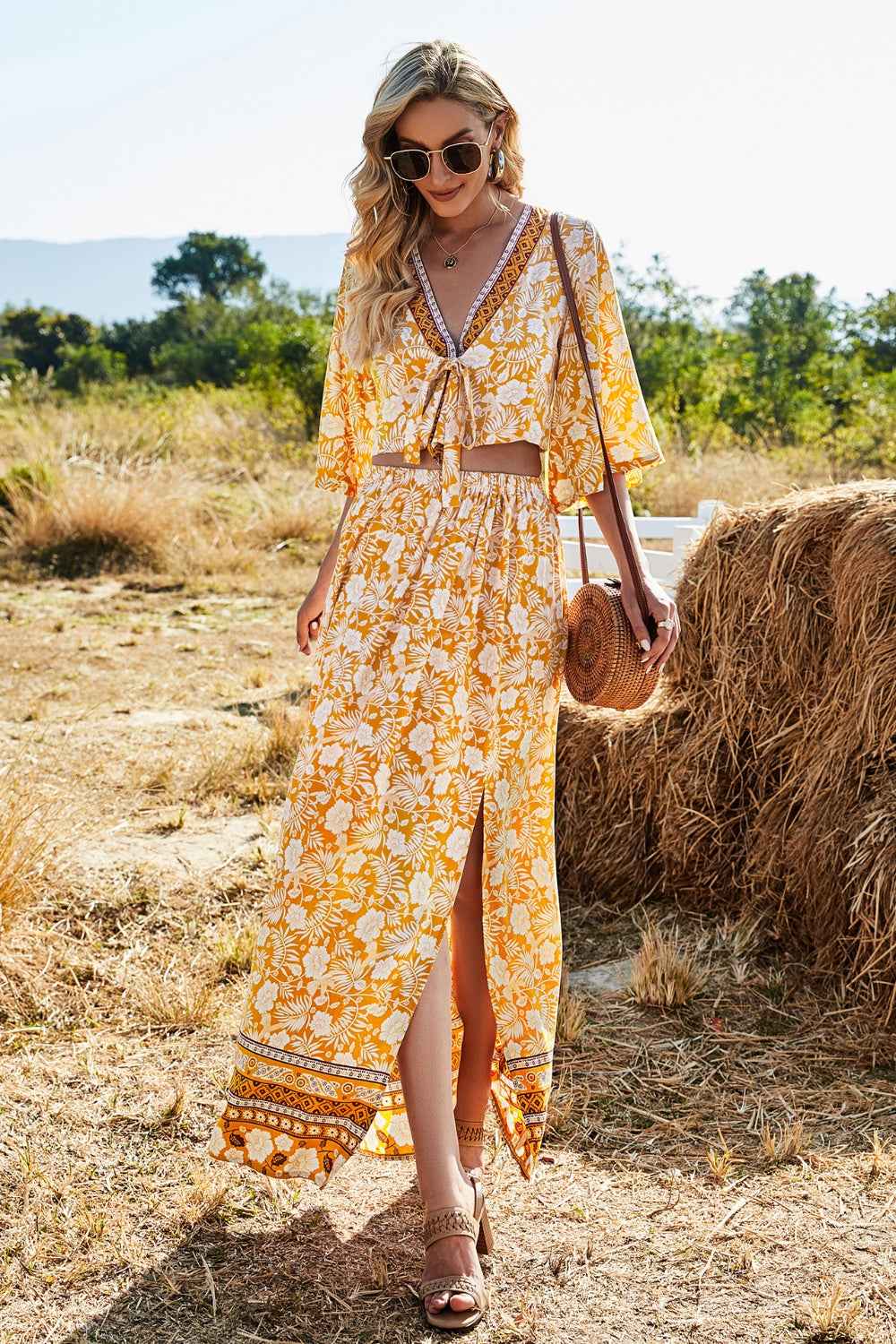 Printed Half Sleeve Top and Slit Skirt Set