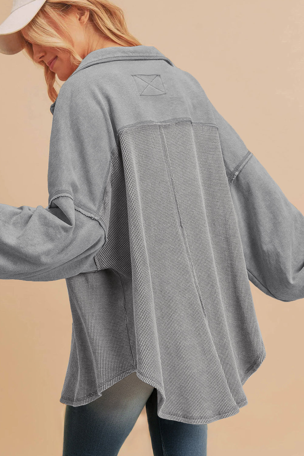 Black Waffle Knit Patchwork Exposed Seam Loose Shacket