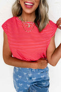 Red Stripe Ribbed Cap Sleeve Round Neck T Shirt