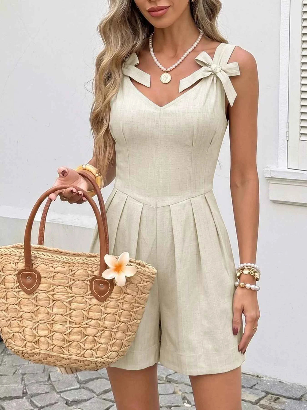 Bowknot Strap Pleated Detail Womens Romper