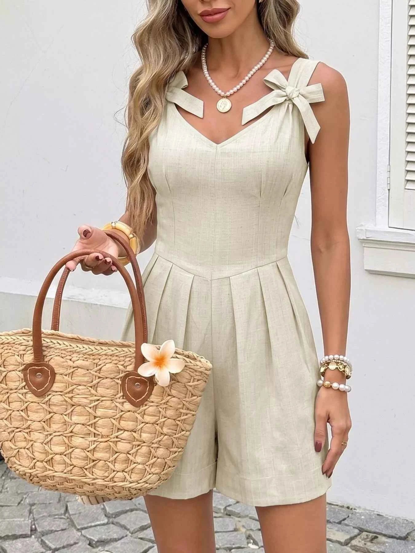 Bowknot Strap Pleated Detail Womens Romper