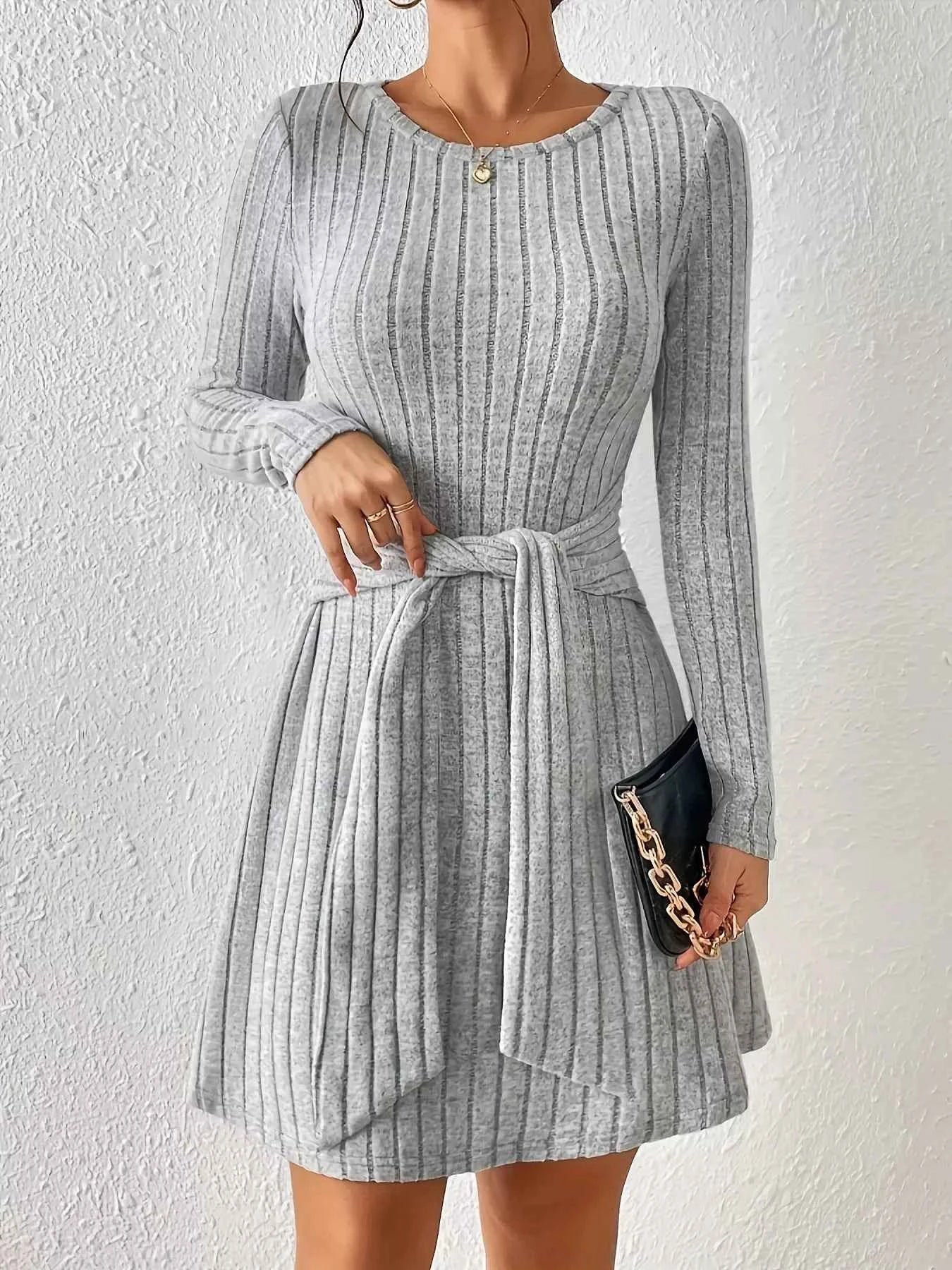 Ribbed Knit Tie Waist Long Sleeve Casual Dress