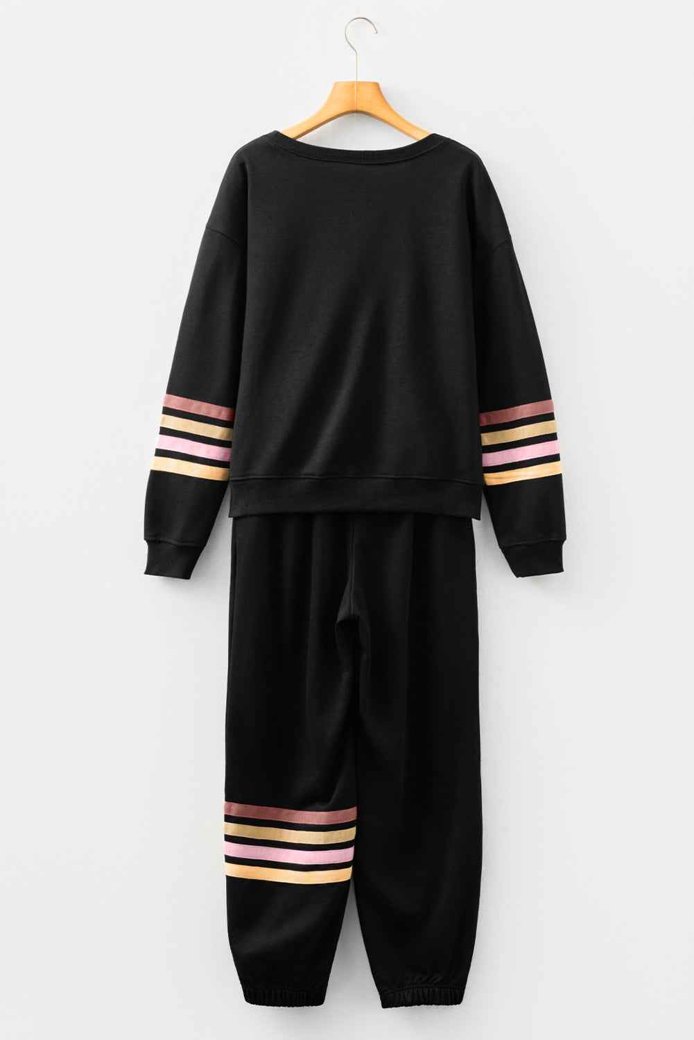 Black Striped Drop Shoulder Round Neck Pullover and Jogger Pants Active Outfit
