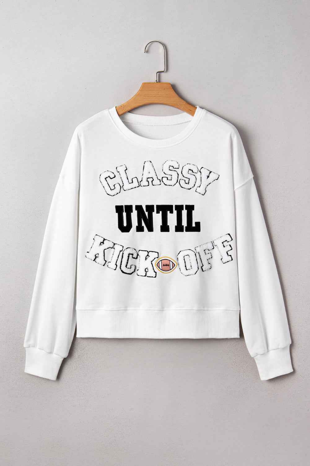 Navy Blue CLASSY UNTIL KICKOFF Plush Letter Patched Loose Sweatshirt