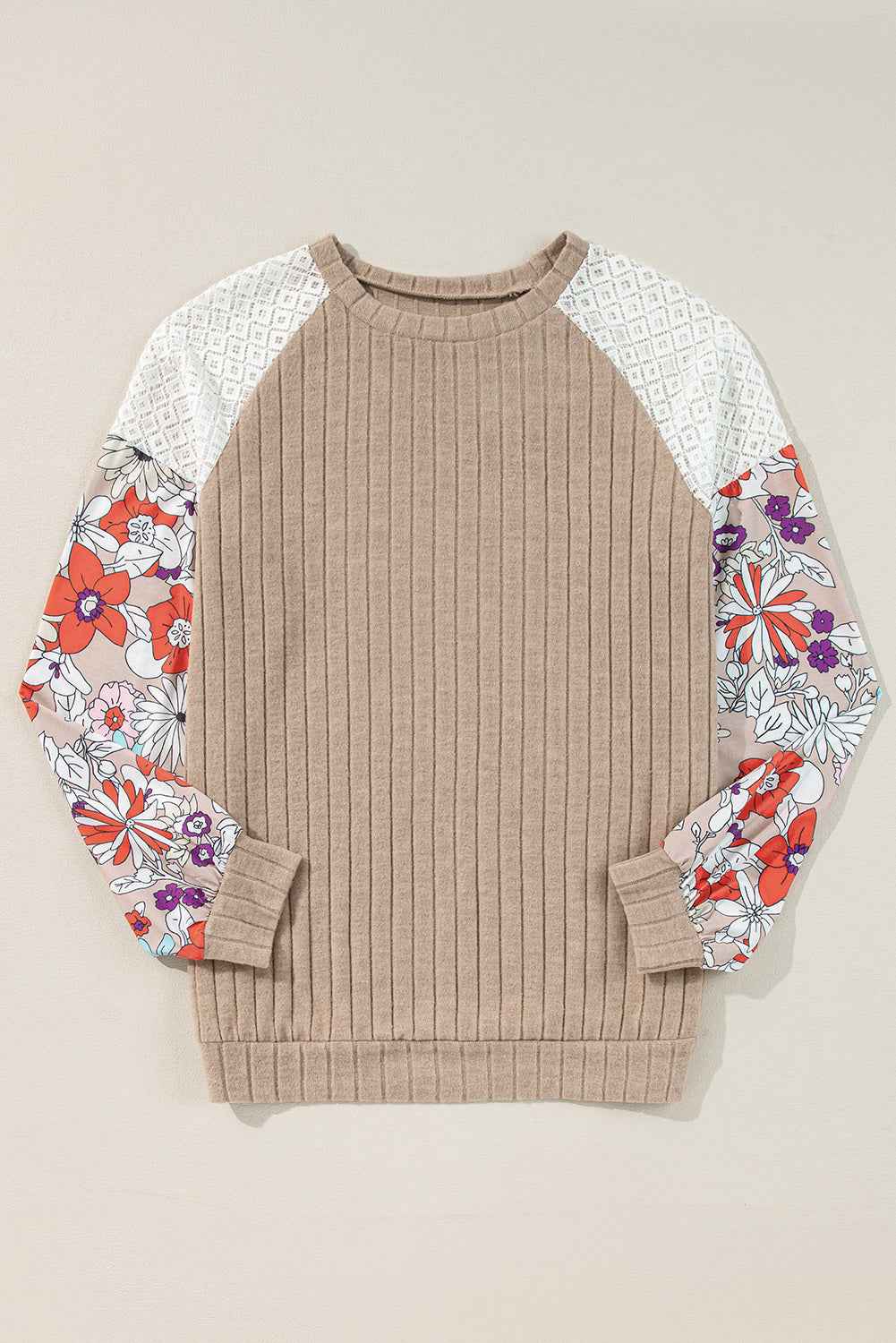 Parchment Floral Patchwork Long Sleeve Ribbed Blouse
