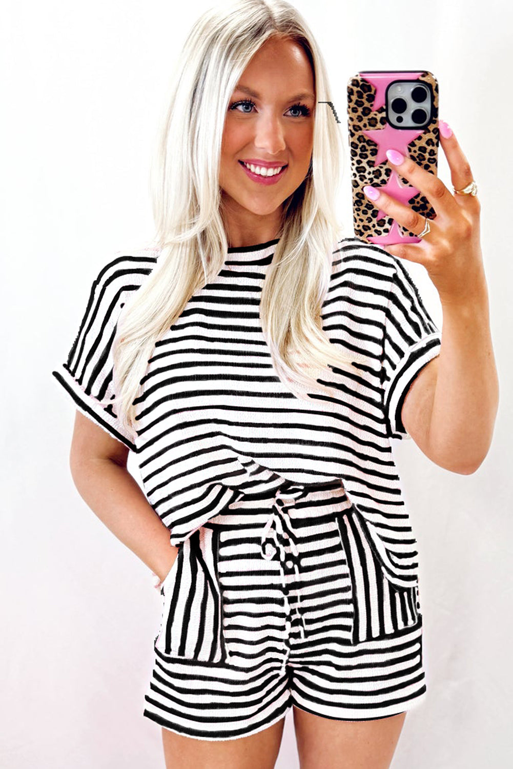 Pink Striped Print Short Sleeve Top and Pocket Shorts Set