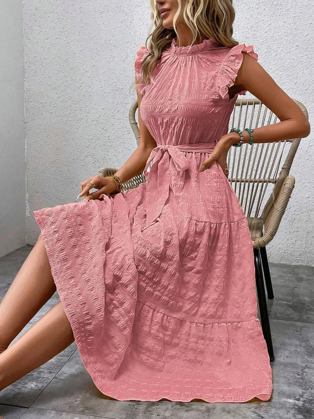 Tied Ruffled Cap Sleeve Midi Dress by Shopiebay