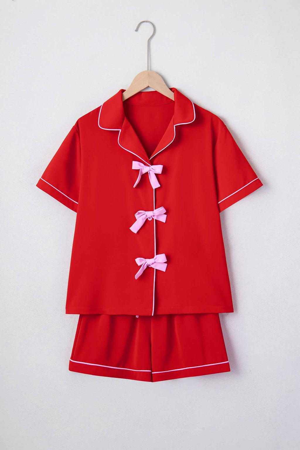Fiery Red Contrast Trim Ribbon Bow Short Silky 2pcs Pajama Set