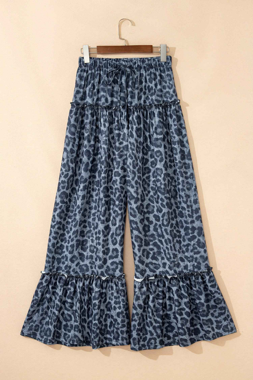 Gray Wild Leopard Print Frilled Detail Drawstring Wide Leg Pants