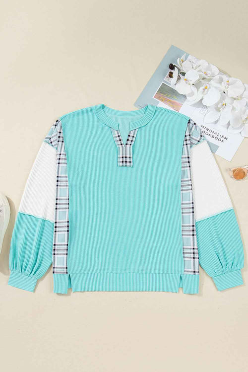 Aruba Blue Twist Ribbed Color Block Plaid Patchwork Plus Size Long Sleeve Top by Wild and Free Boutique