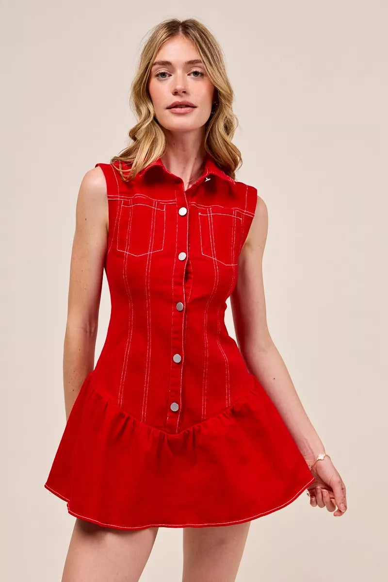 SO ME Button Down Sleeveless Collared Game Day Mini Dress by Selvanelle