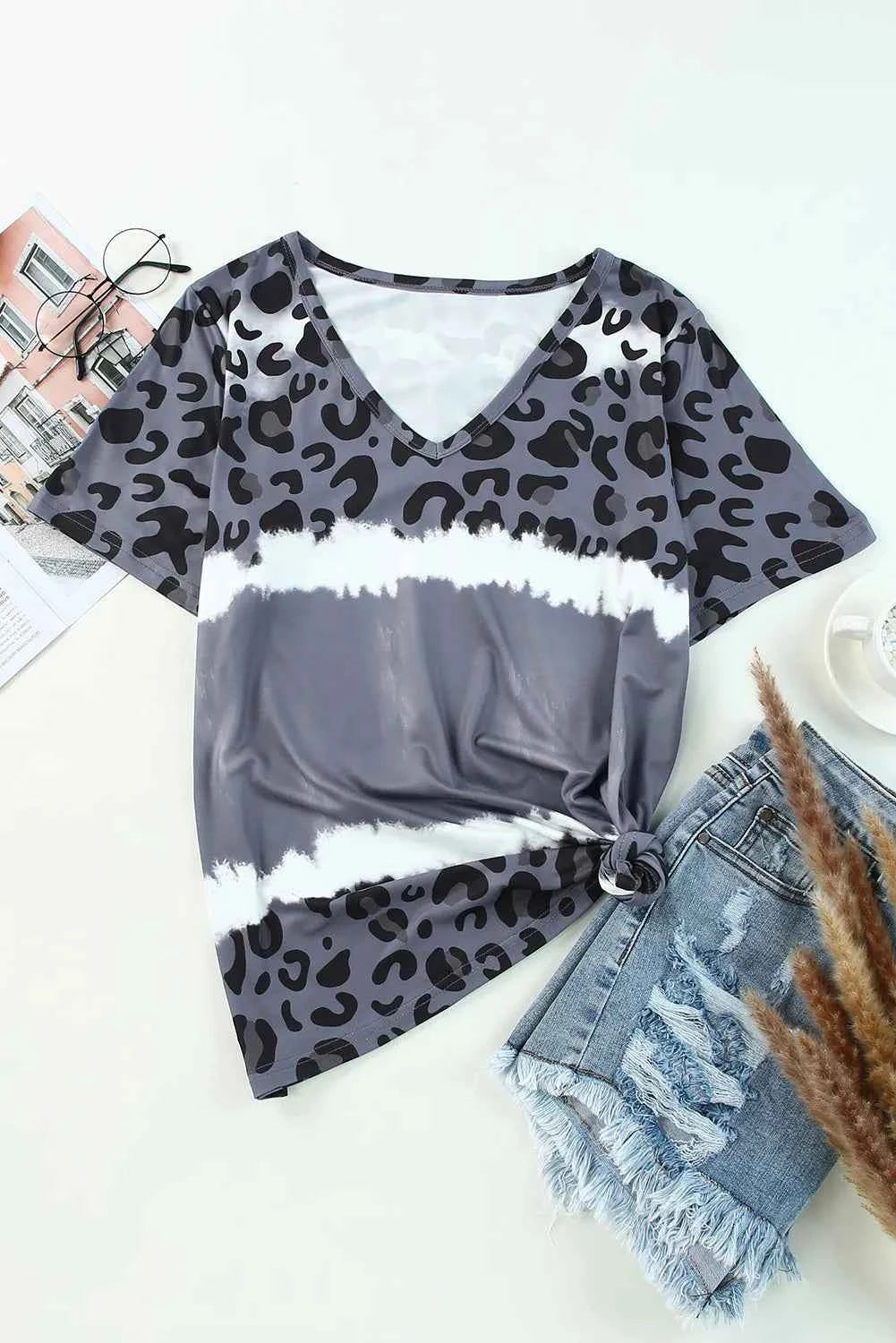 Leopard V-Neck Short Sleeve T-Shirt