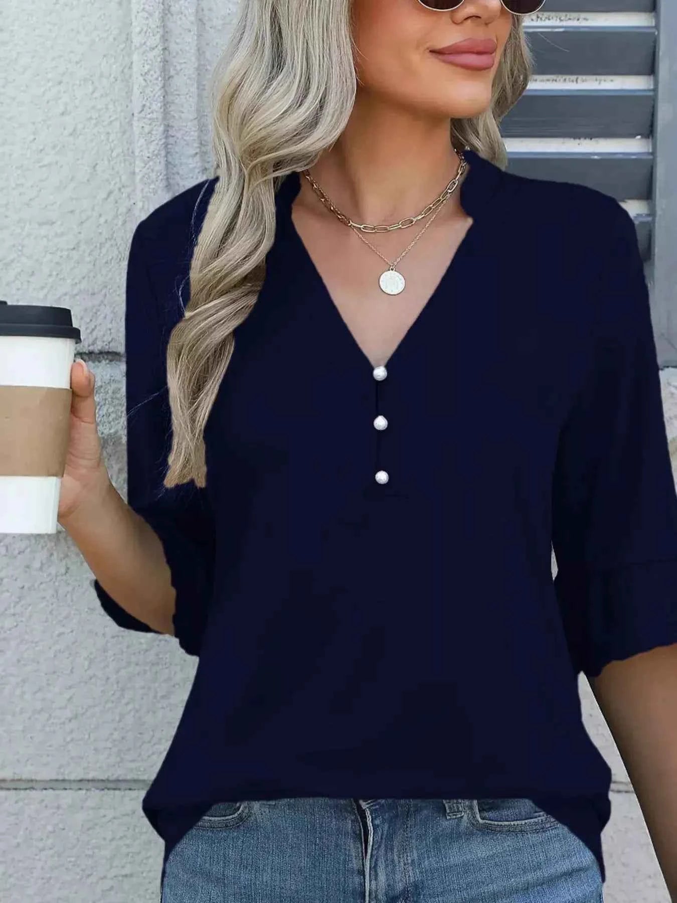 Full Size Notched Flounce Sleeve Blouse