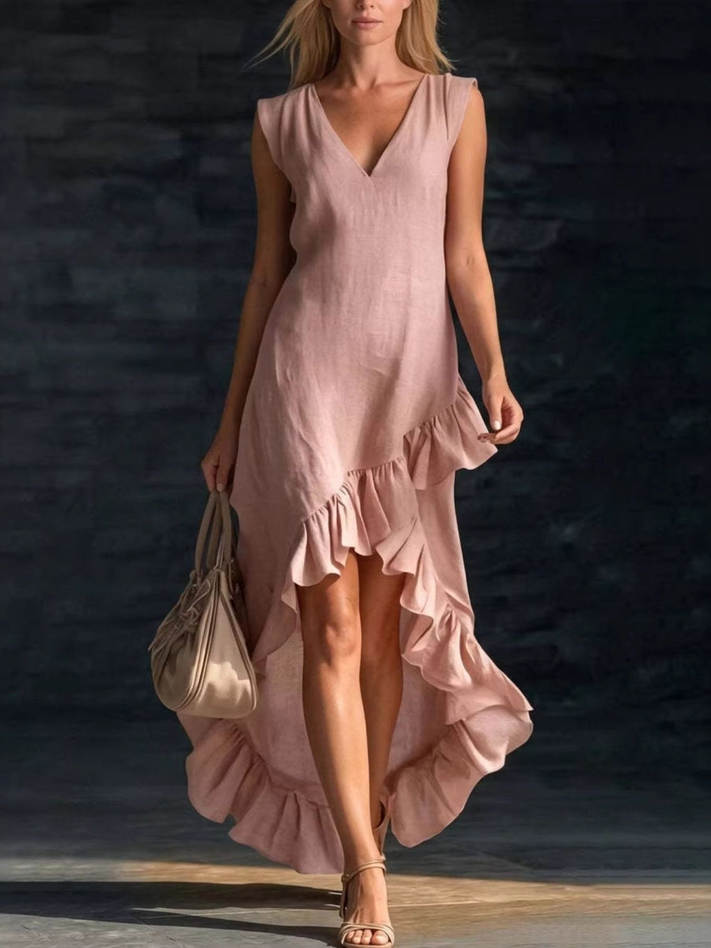 Sleeveless V-Neck Ruffle Hem High-Low Dress by Shopiebay