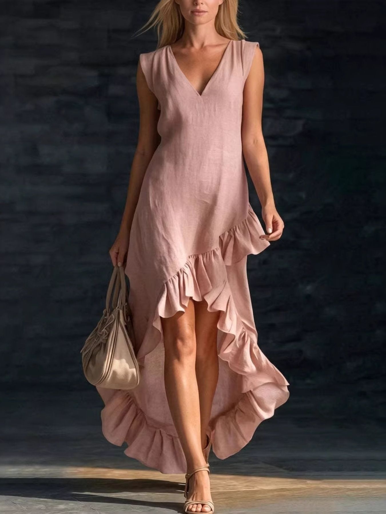 Sleeveless V-Neck Ruffle Hem High-Low Dress by Shopiebay