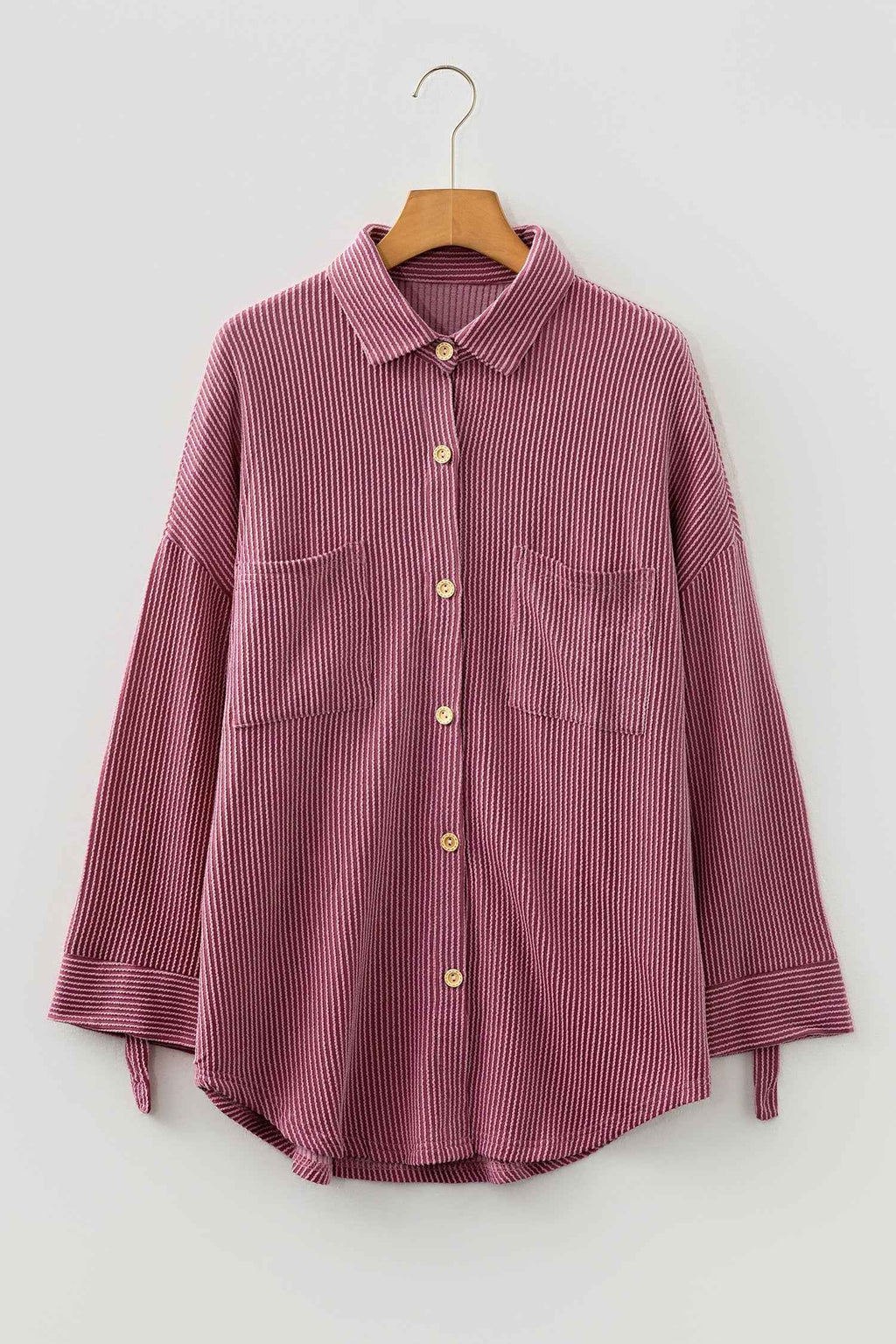 Fiery Red Pink Roll Tab Sleeve Ribbed Cording Shacket