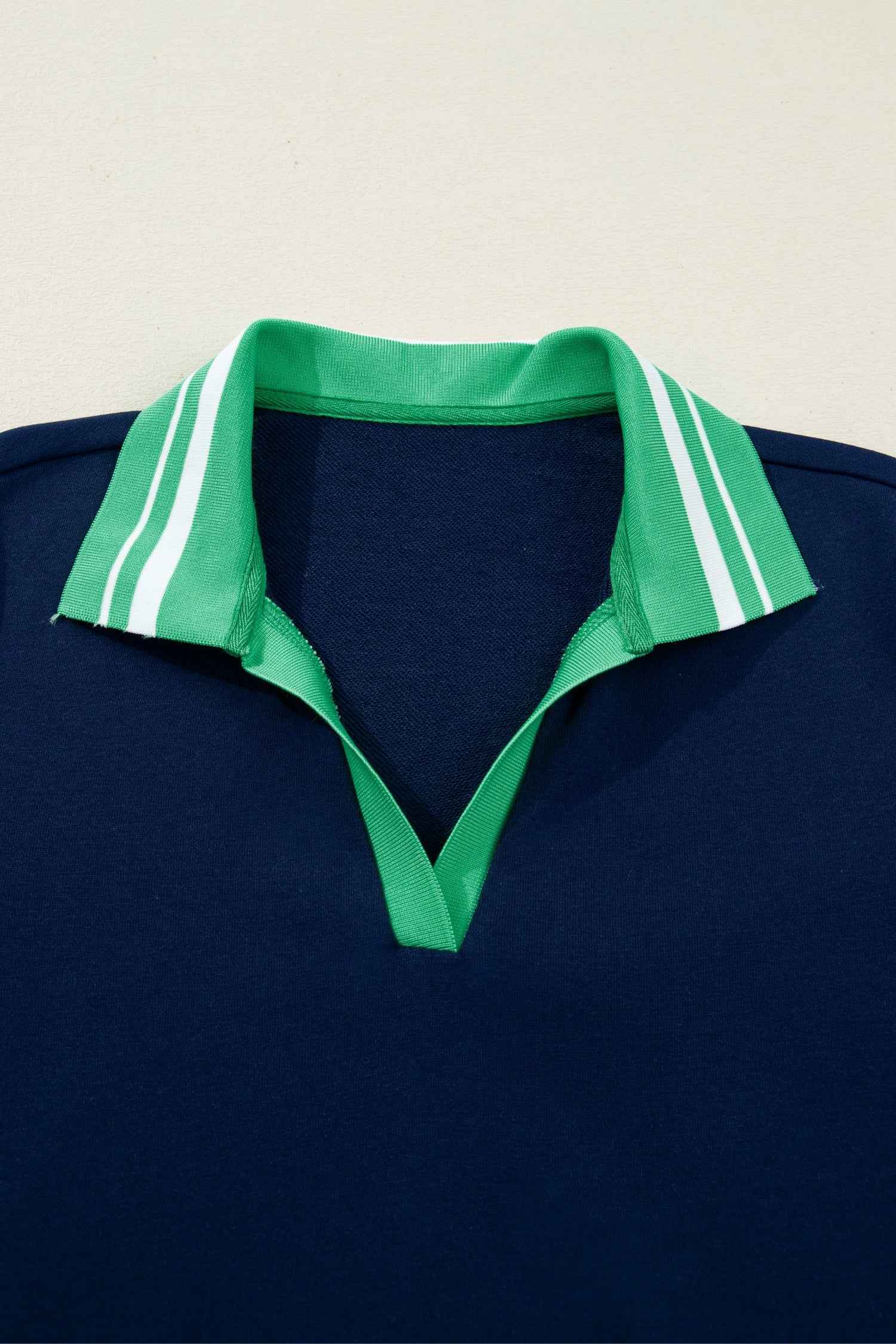 Navy Blue Contrast Striped Cuffs Polo Collar Patchwork Long Sleeve Ruffle Hem Mini Dress